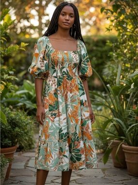 entro Green & Orange Floral Maxi Dress with Puff Sleeves